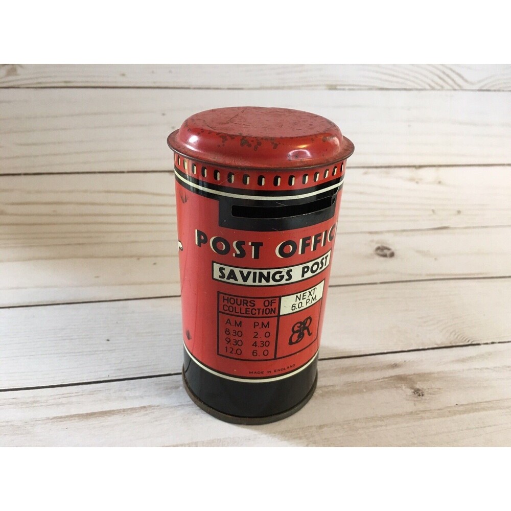 VINTAGE POST OFFICE SAVINGS Tin Can Bank Tin Money Coins